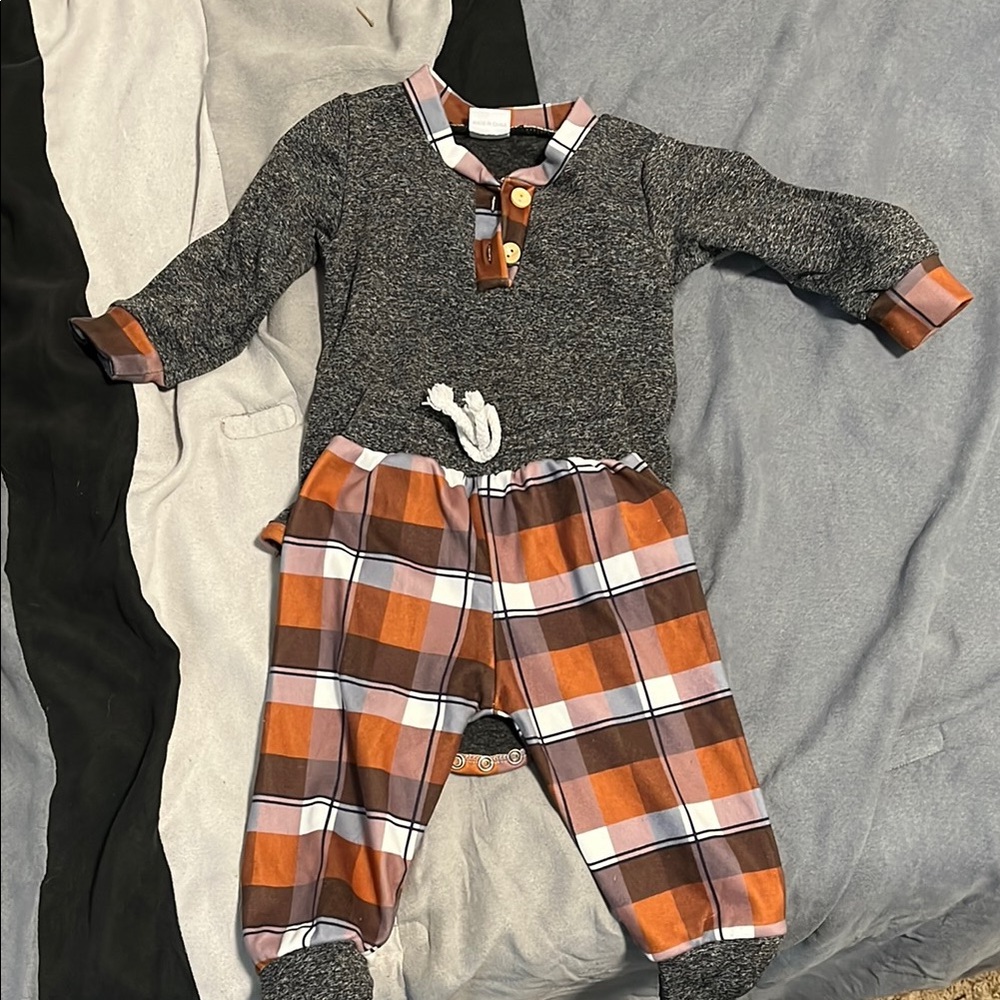 Plaid Kids Matching Set - Gray and Orange